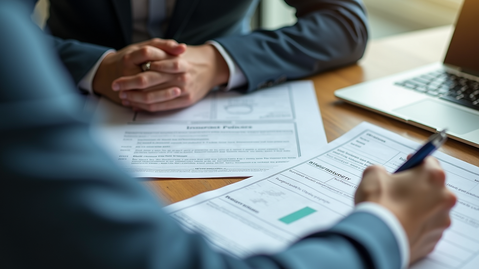 High angle view of a person reviewing insurance policies and retirement documents
