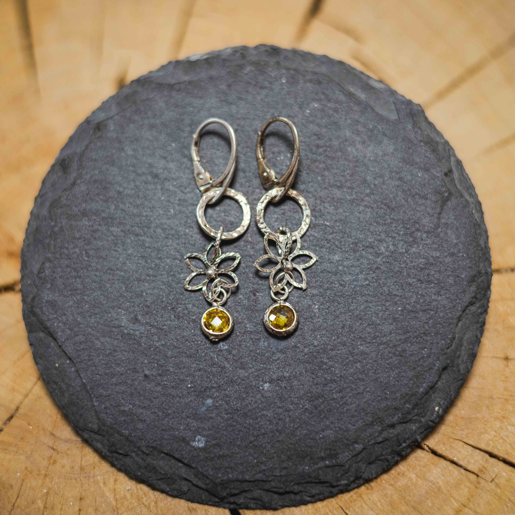 Silver Floral Drop Earrings with Yellow Crystal Accents - DP