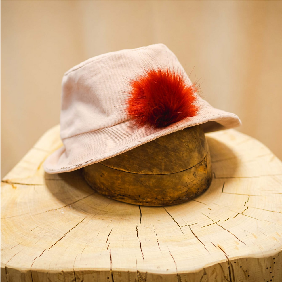 Elegant Blush Pink Bucket Hat with Red Faux Fur Pom-Pom - DP
