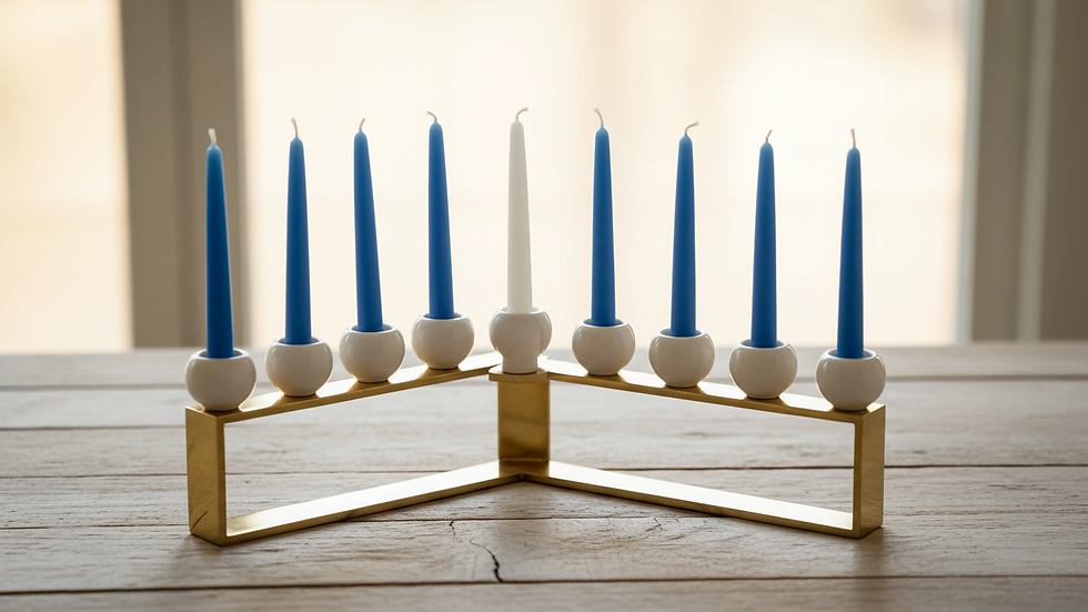 Close-up view of a handmade Hanukkah menorah on a rustic wooden surface