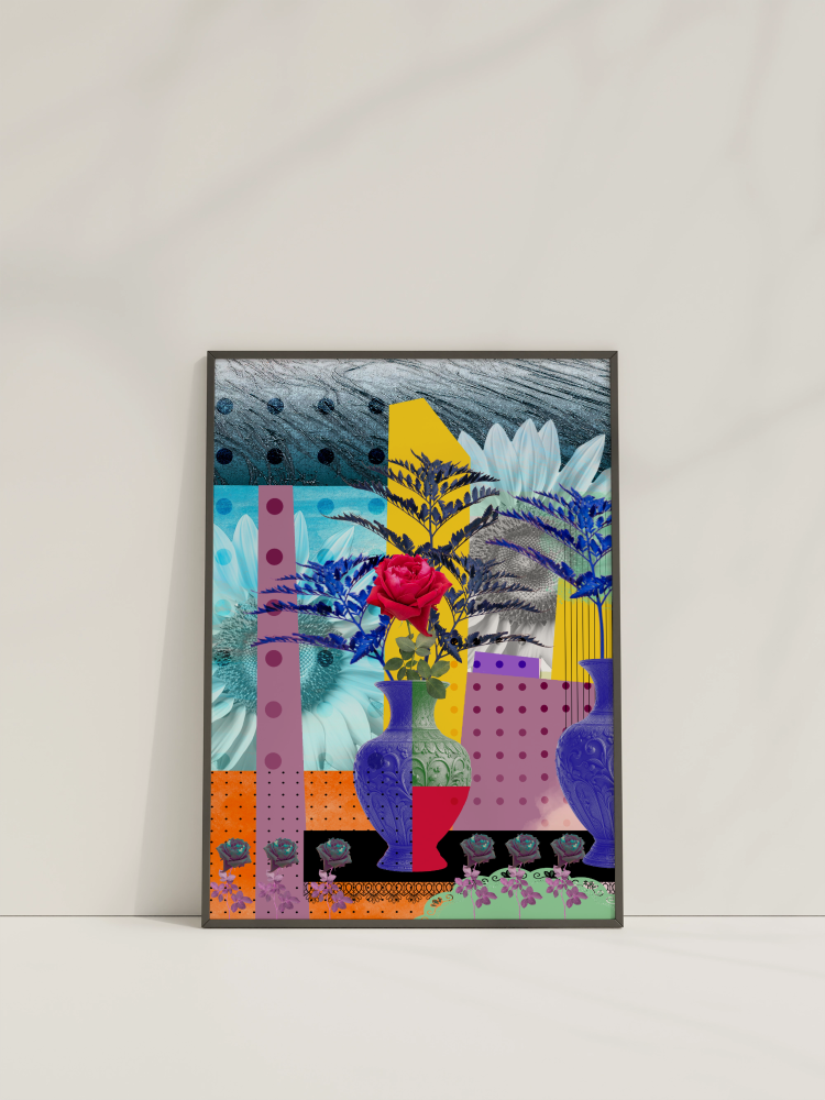 Thumbnail: blue vase red rose on Canvas 50/70 cm