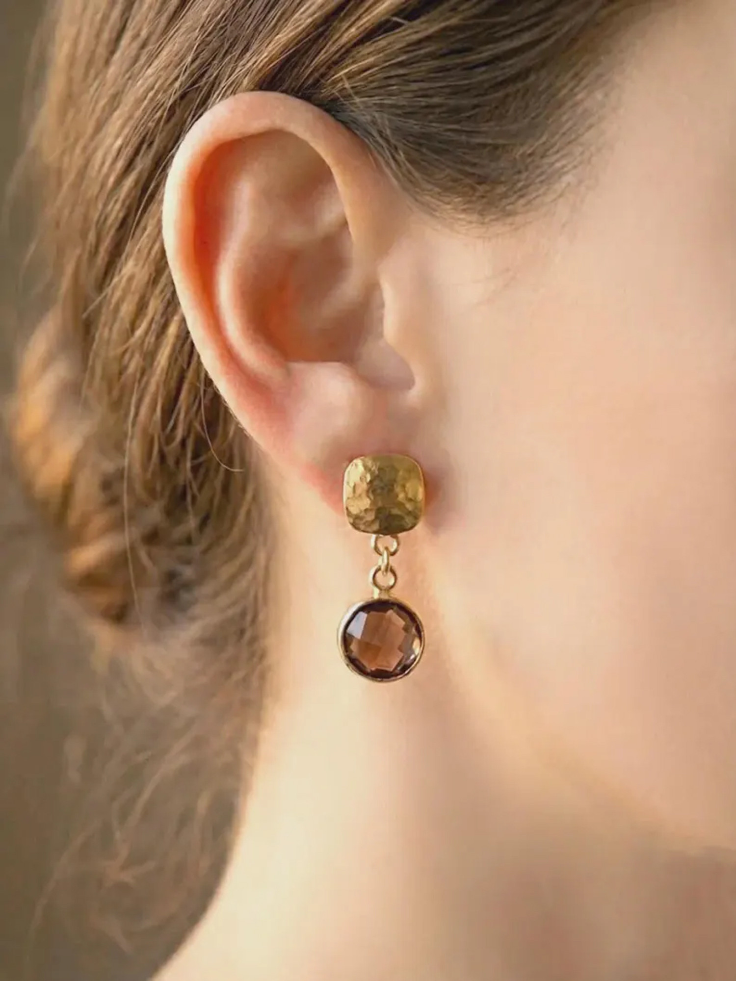 rioritajewelry | Elegant 18K Gold Filled Smoky Quartz Earrings מכסף עבודת יד אמן ישראלי