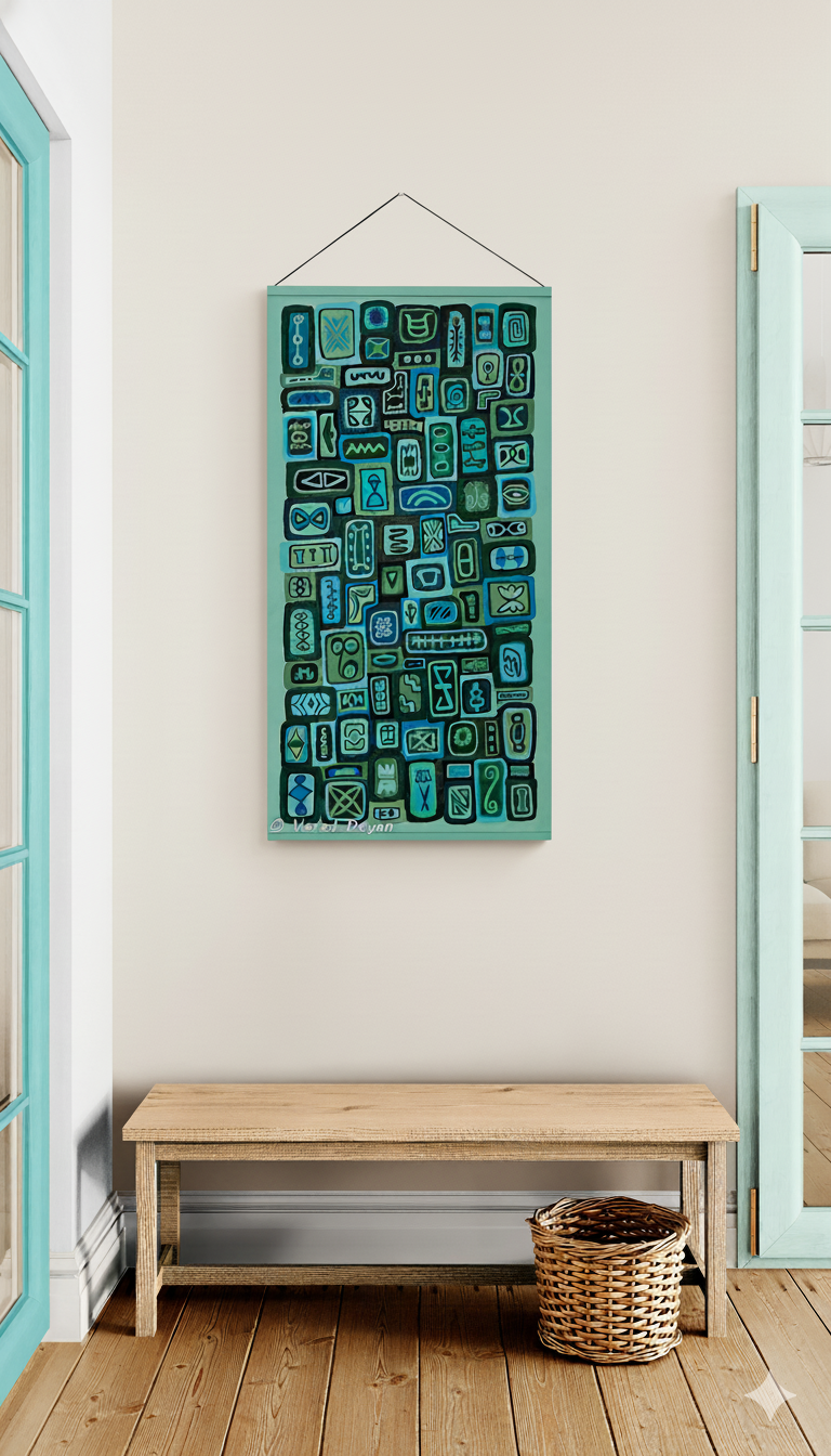 Art by Vered | יצירה מקורית לתלייה בכחול וירוק בהשראת אמנות אתנית