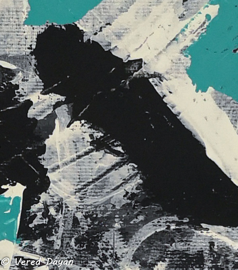 Thumbnail: A pair of abstract paintings on canvas in black and white with touches of turquoise and yellow - VD
