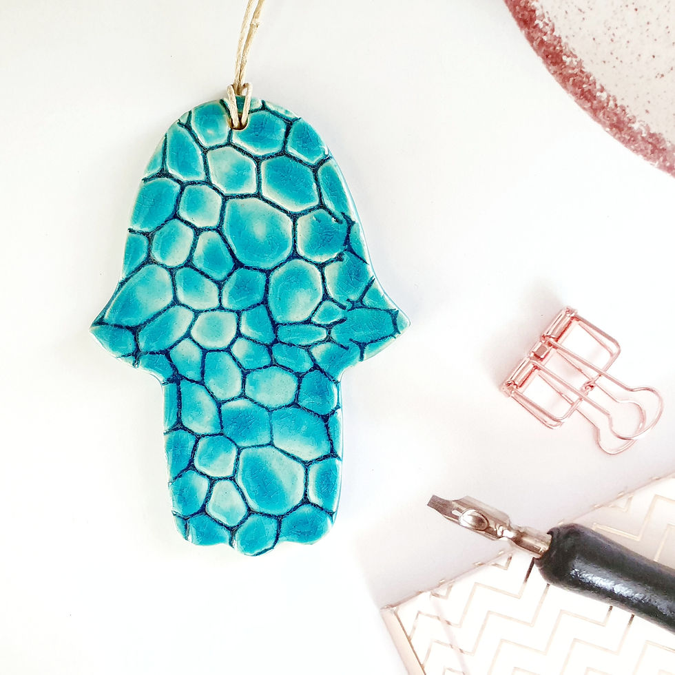 Thumbnail: Turquoise ceramic hamsa with pebble pattern - OP