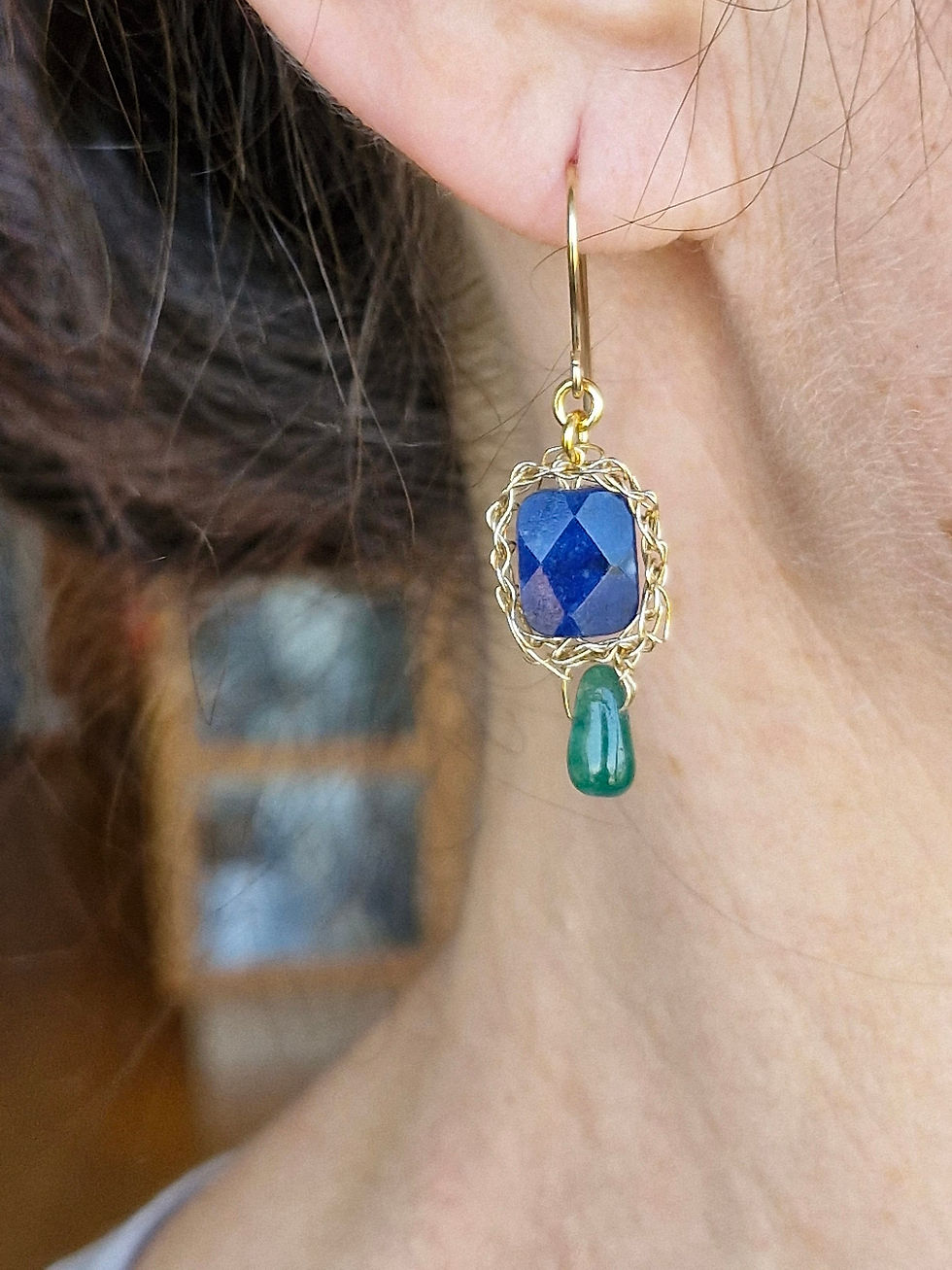Thumbnail: Einat Sandberg | Multi Stone Gold Dangle Earrings, Square Blue Sodalite Earrings