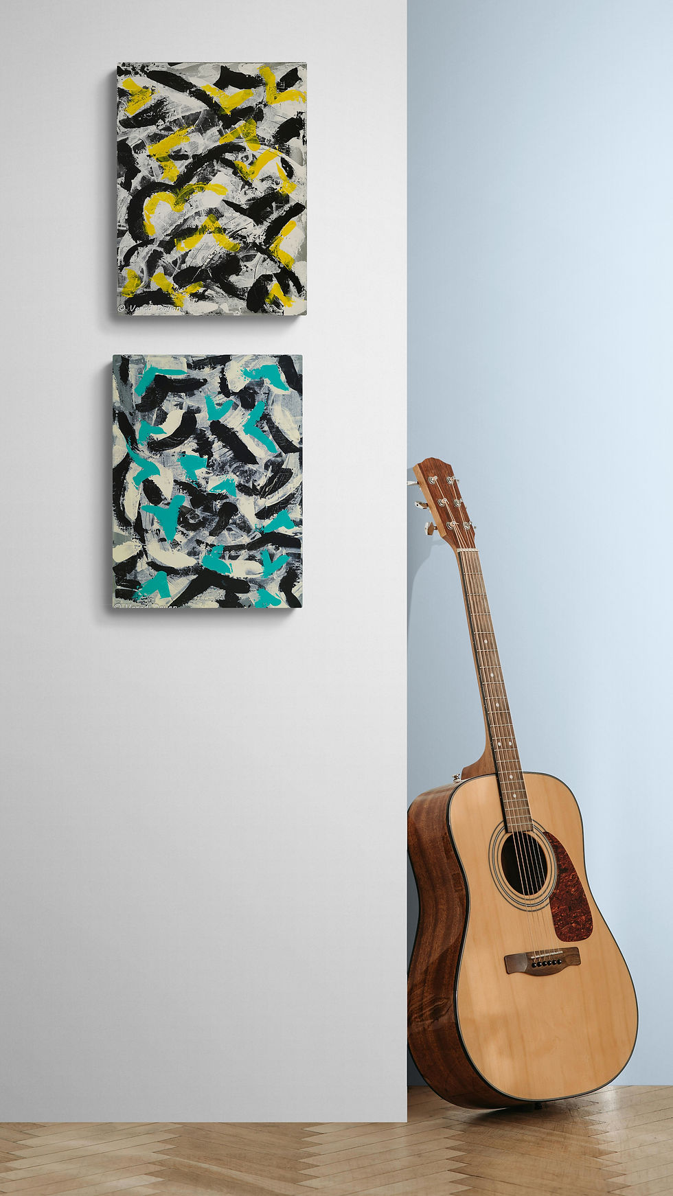 Thumbnail: A pair of abstract paintings on canvas in black and white with touches of turquoise and yellow - VD