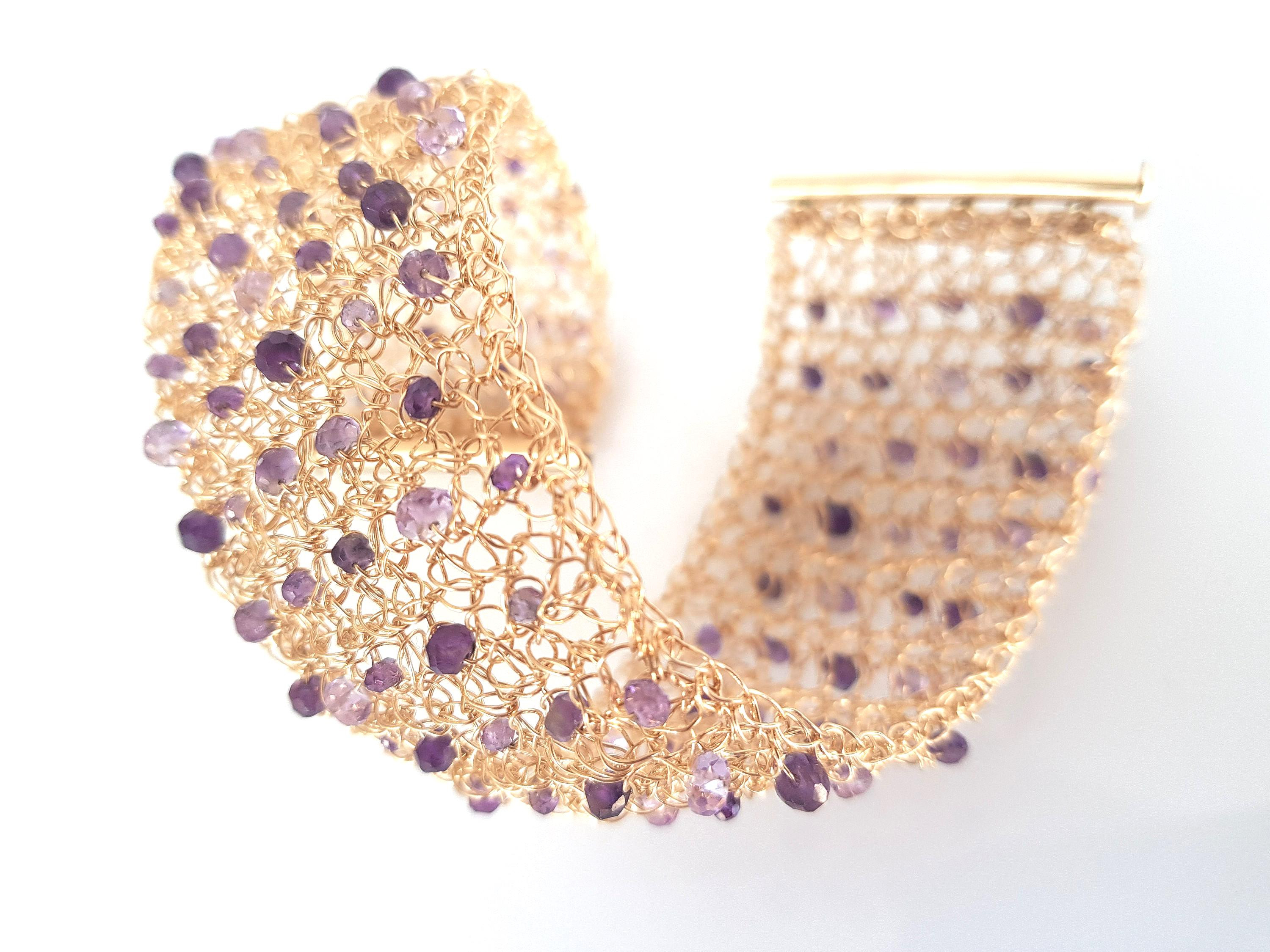 Einat Sandberg |  Gold Amethyst Wide Bracelet מזהב עבודת יד אמן ישראלי