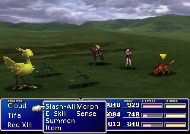 Cloud and party members battling a Chocobo and two bugs on a grassy field.