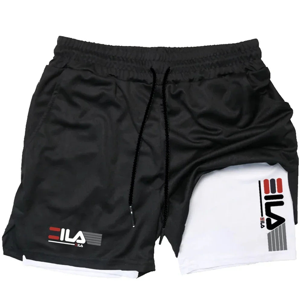 Short esportivo masculino 2 em 1 preto com forro branco FILA.