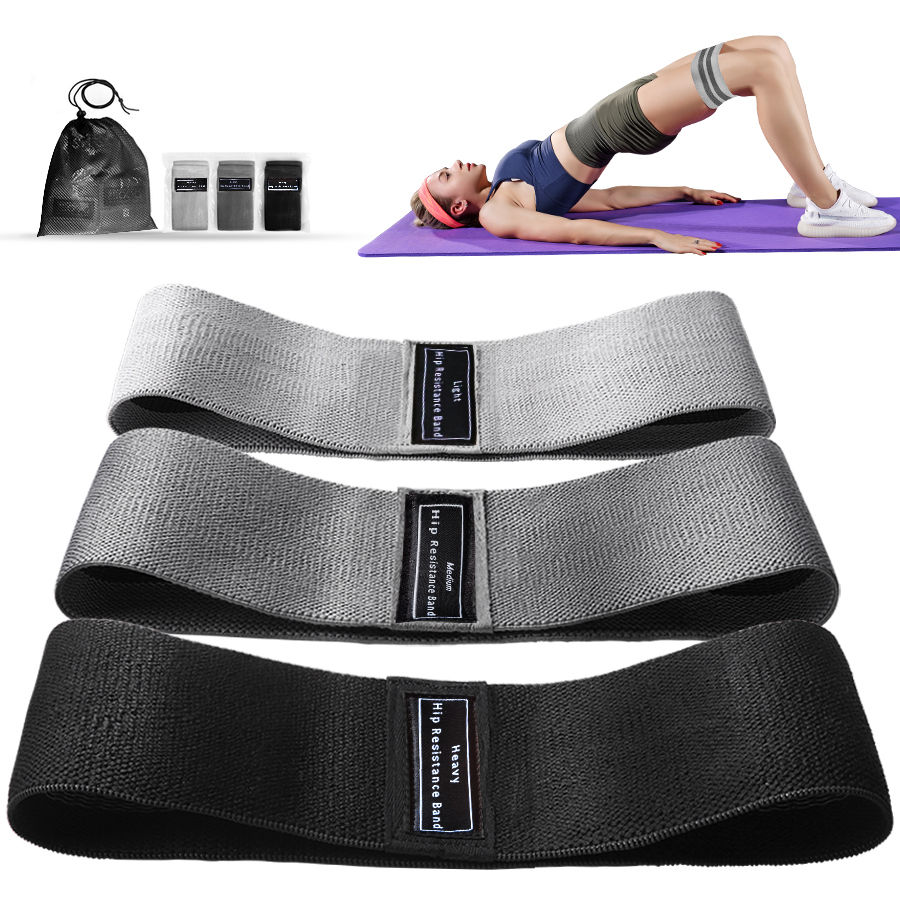 Kit de mini bands de tecido com 3 níveis de resistência.
