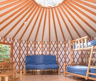Inside of yurt with glass window and wooden furniture feature a Liner