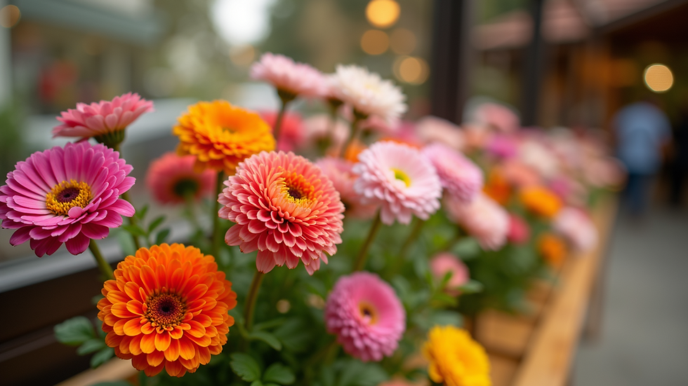 Eye-level view of a beautifully arranged display of colorful flowers