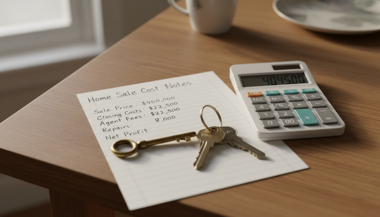 Overhead view of handwritten home sale numbers beside a calculator and house keys