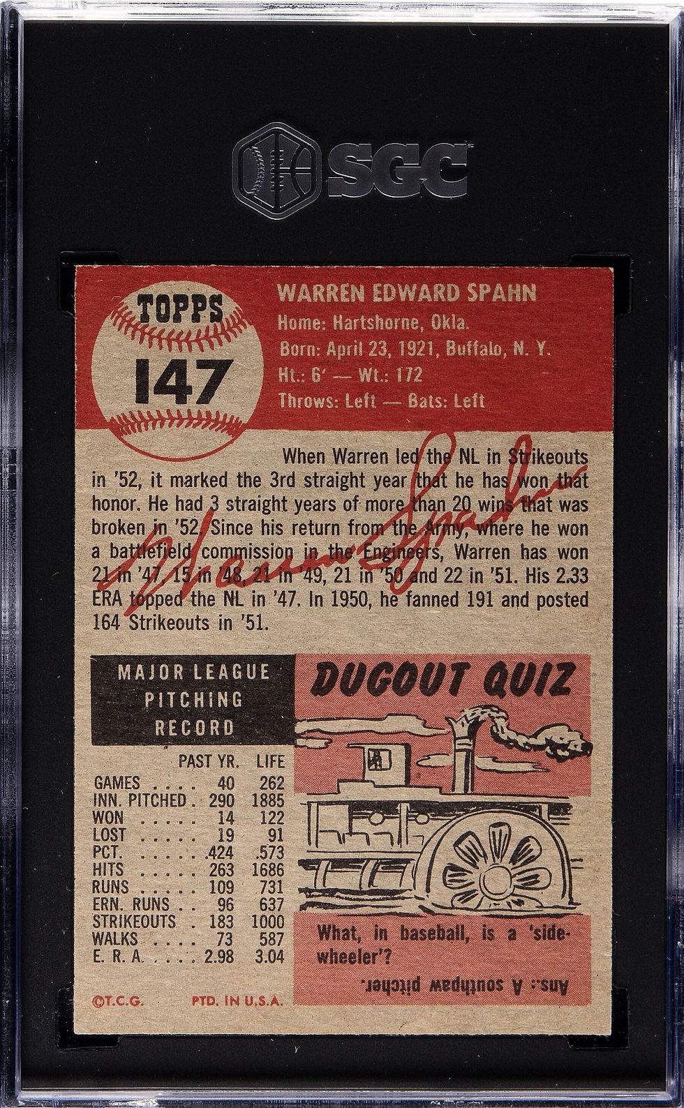 Thumbnail: 1953 Topps #147 Warren Spahn SP PSA 7