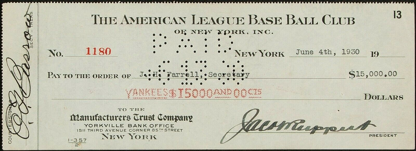 Jacob Ruppert Signed Yankees Check to Purchase Left Gomez from Seals!