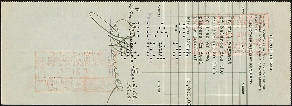 Thumbnail: Jacob Ruppert Signed Yankees Check to Purchase Left Gomez from Seals!