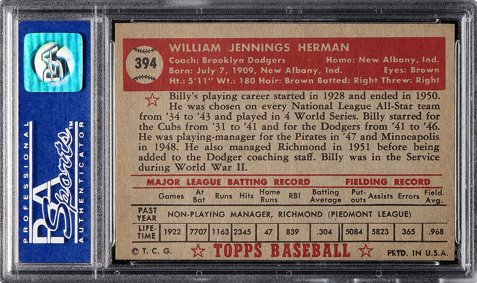 Thumbnail: 1952 Topps 394 Billy Herman High Card HOF PSA 6