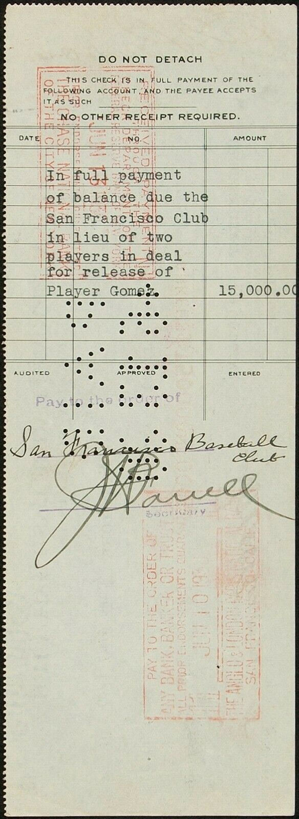 Thumbnail: Jacob Ruppert Signed Yankees Check to Purchase Left Gomez from Seals!
