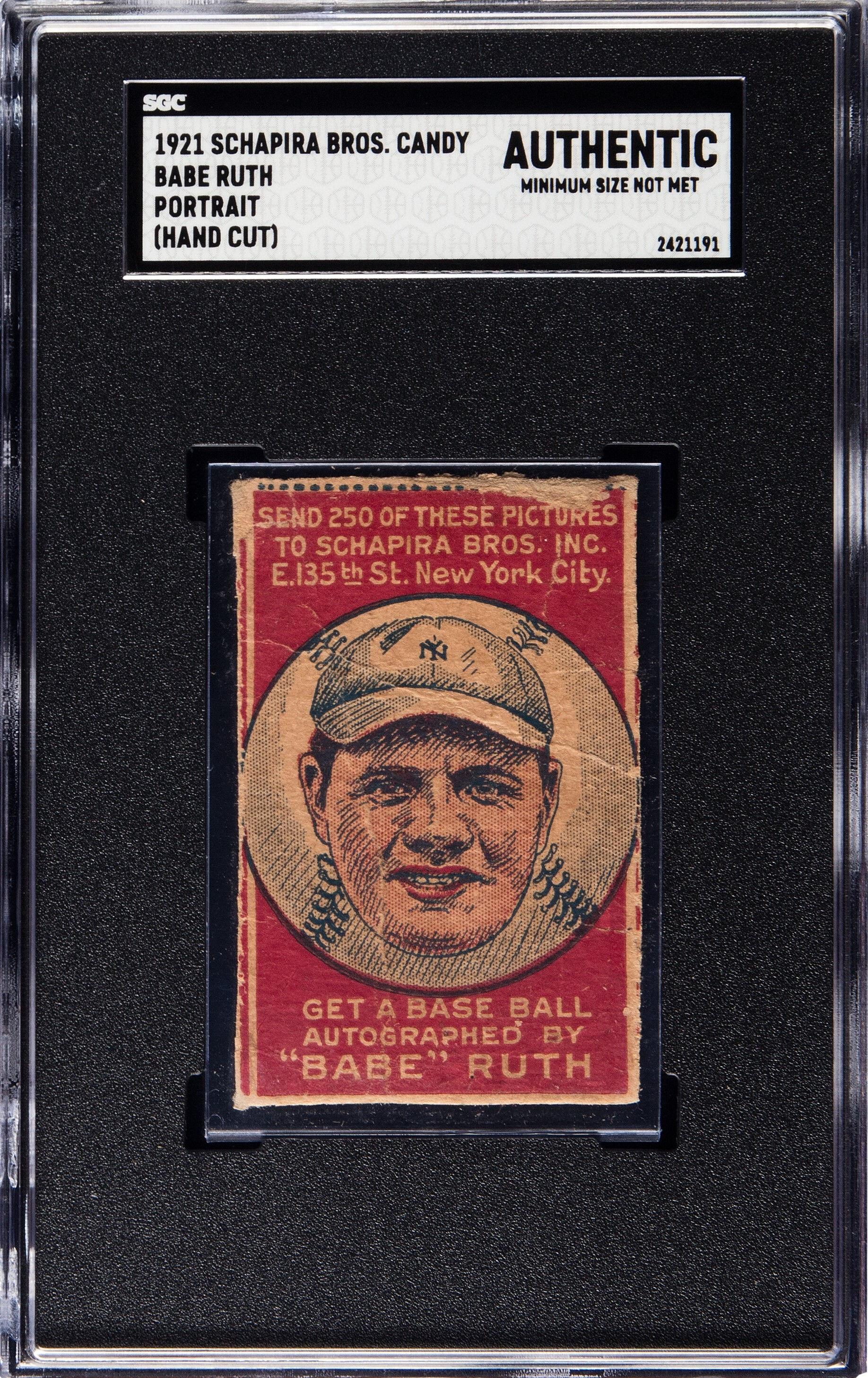 1921 Schapira Bros. Babe Ruth "No Arrows" SGC Authentic