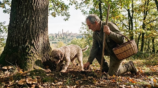 Early morning sunlight filtering through an oak forest as a Lagotto Romagnolo searches for truffles beside its handler. Warm autumn colors, fallen leaves, and a magical Tuscan atmosphere.