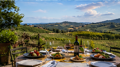 An outdoor farmhouse dining table overlooking vineyards, elegantly set with local cheeses, fresh bread, olive oil, handmade pasta, and estate wine.