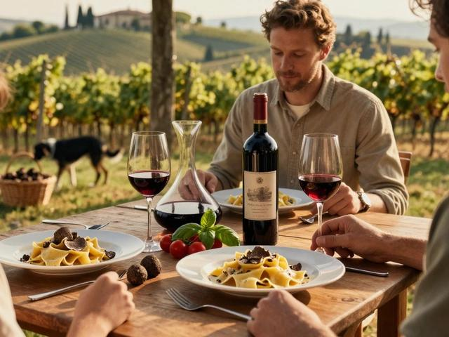Fresh handmade pasta covered with shaved truffles, paired with local wine overlooking vineyards.
