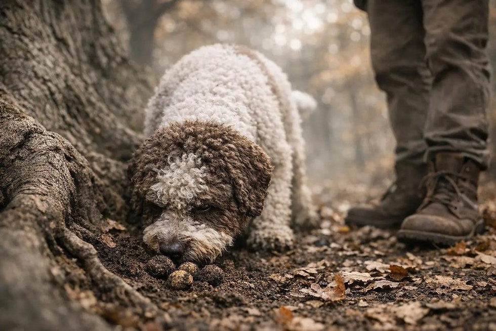 Close-up of a focused Lagotto Romagnolo using its nose to locate a hidden truffle.