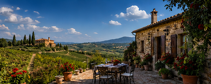 Beyond the terrace are rolling Tuscan hills dotted with vineyards, olive groves, and distant medieval villages beneath a bright blue sky.