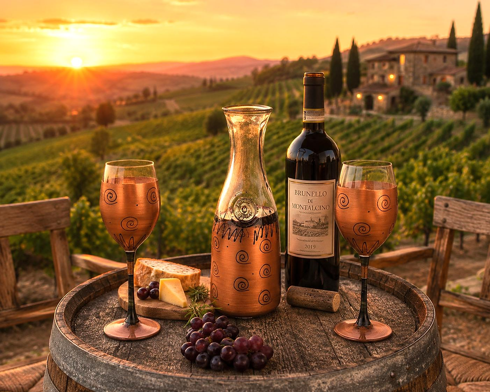 A sunset vineyard scene with a glass of Tuscan wine, fresh truffles, and cypress trees—capturing the perfect ending to a day of truffle hunting and wine tasting.
