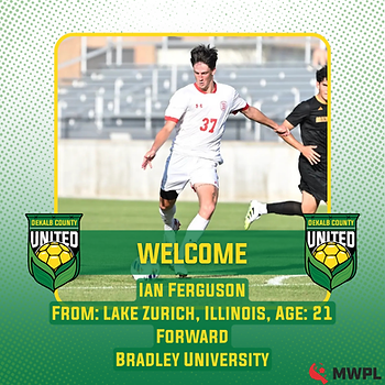 Bradley University forward Ian Ferguson returns to DeKalb County United for the 2026 season. Learn about Ian’s goals on the pitch and his harmonica hobby off it.