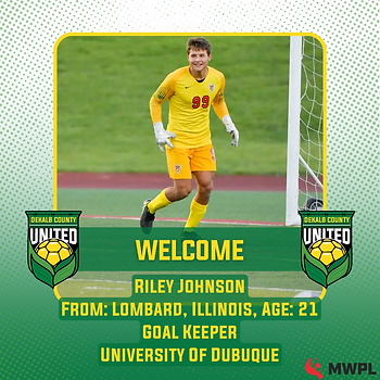 Lombard native and University of Dubuque goalkeeper Riley Johnson signs with DeKalb County United for 2026.