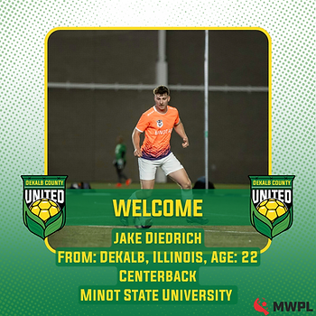 DeKalb native and Minot State product Jake Diedrich joins DeKalb County United for the 2026 season.