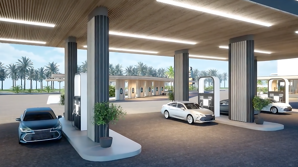 EV charging stations and fuel station at Pitpalazzo travel center with modern canopy design, multiple charging points, and parked electric vehicles, surrounded by palm trees and landscaped greenery.