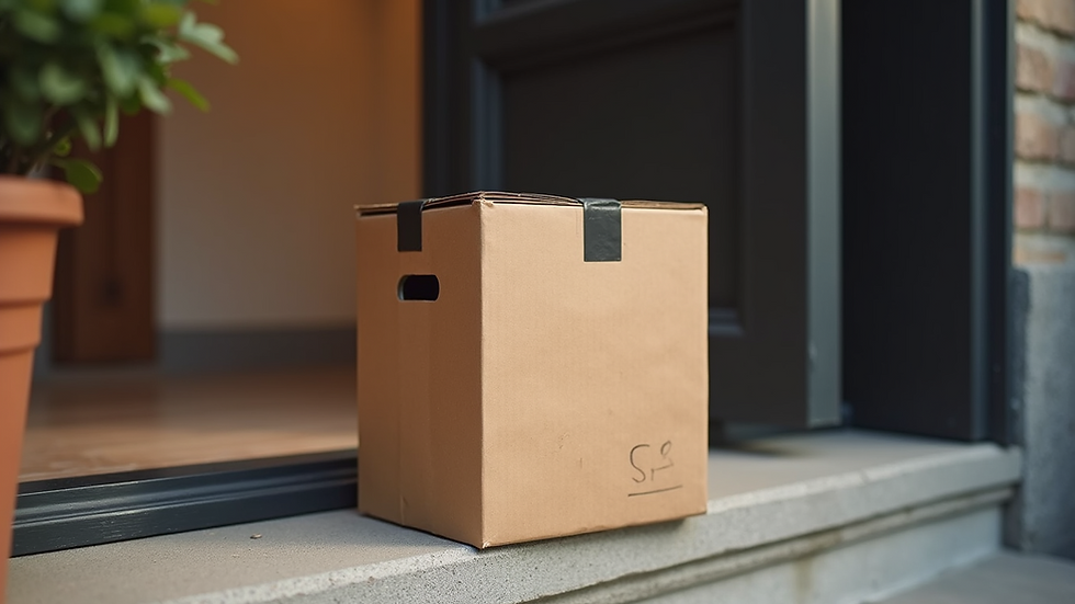 Eye-level view of a delivery box on a doorstep