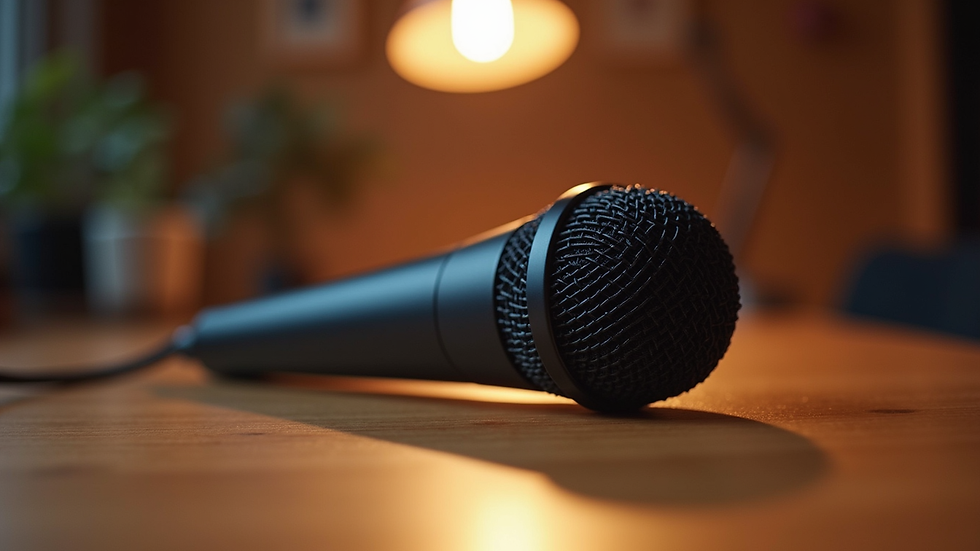 Eye-level view of a microphone on a wooden table