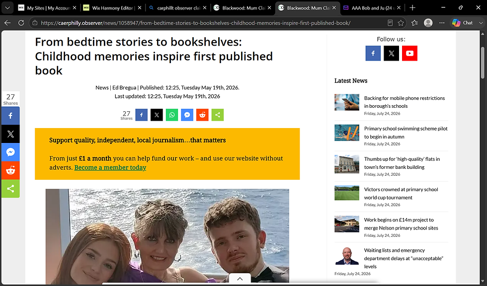Screenshot of a news article page with a yellow banner and a family photo, landscape layout.