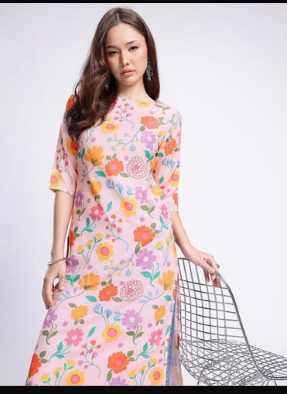 Printed Pink Cotton Blend kurti for women