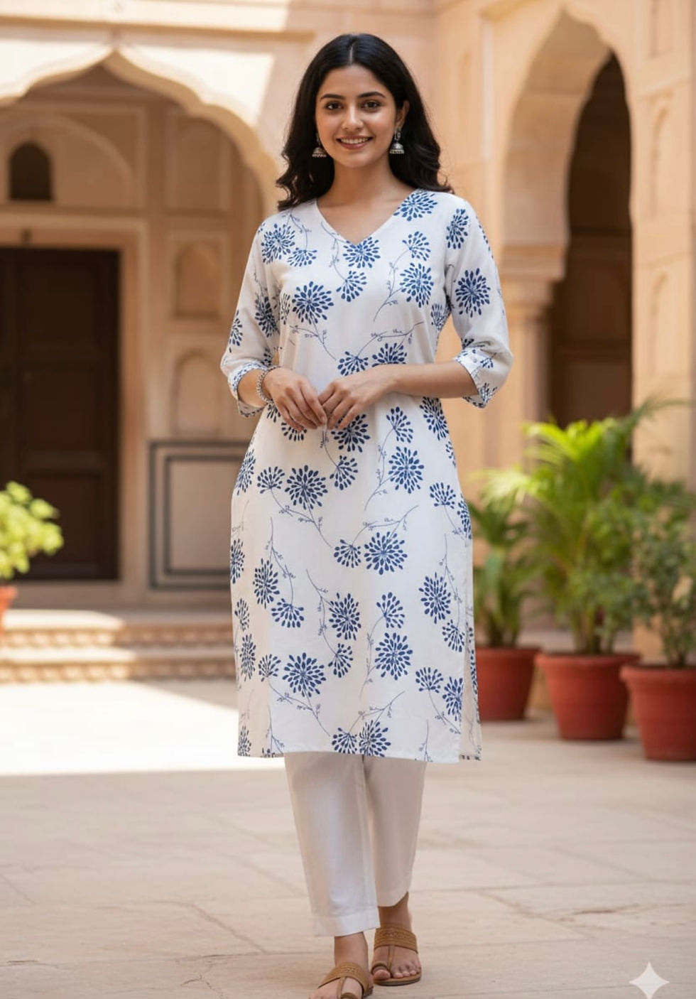 Printed White Blue Cotton Blend kurti for women