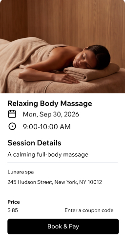 Booking page for a relaxing body massage session at Lunara Spa, showing a woman enjoying a calming massage, priced at $85 with a Book and Pay button