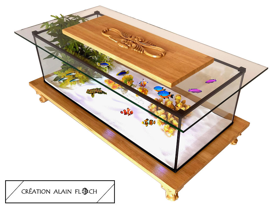 Miniature : Table Basse Aquarium BAROQUE (Beige/Miel) - Vitrine Etanche ou Aquarium 20 LED