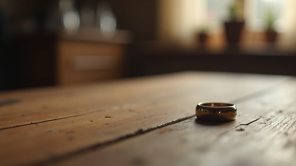 Close-up view of a wedding ring on a rustic wooden table