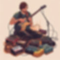 Guitarist on stage with a messy effects pedalboard with lots of cables.jpg