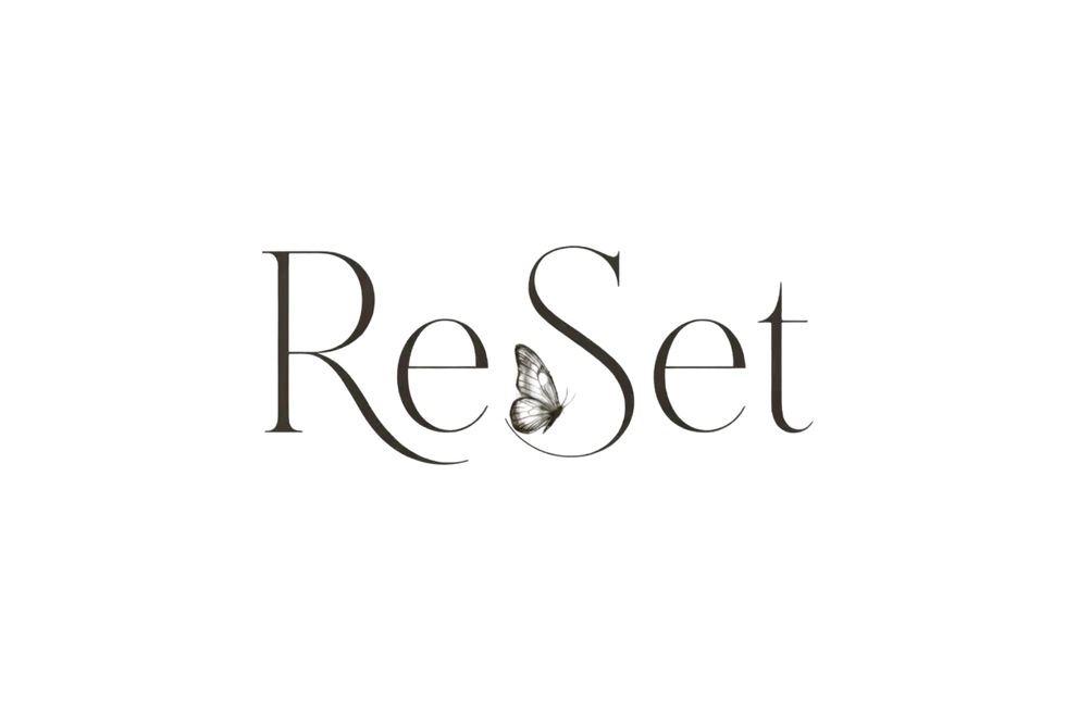 Graphic design showing the word 'ReSet' with a stylized butterfly integrated into the lettering. The aesthetic is elegant and suggests a theme of transformation.