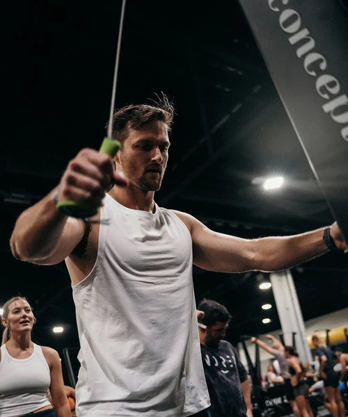 Athlete racing on a SkiErg.