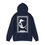 Thumbnail: Backfacing "navy" hoodie with mystical moon design, hood raised to ensure the tarot card design remains visible.