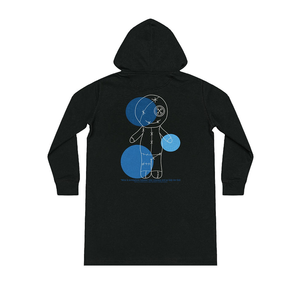 “Black” hoodie dress laid flat from the back, featuring bold wording and sleek detailing.
