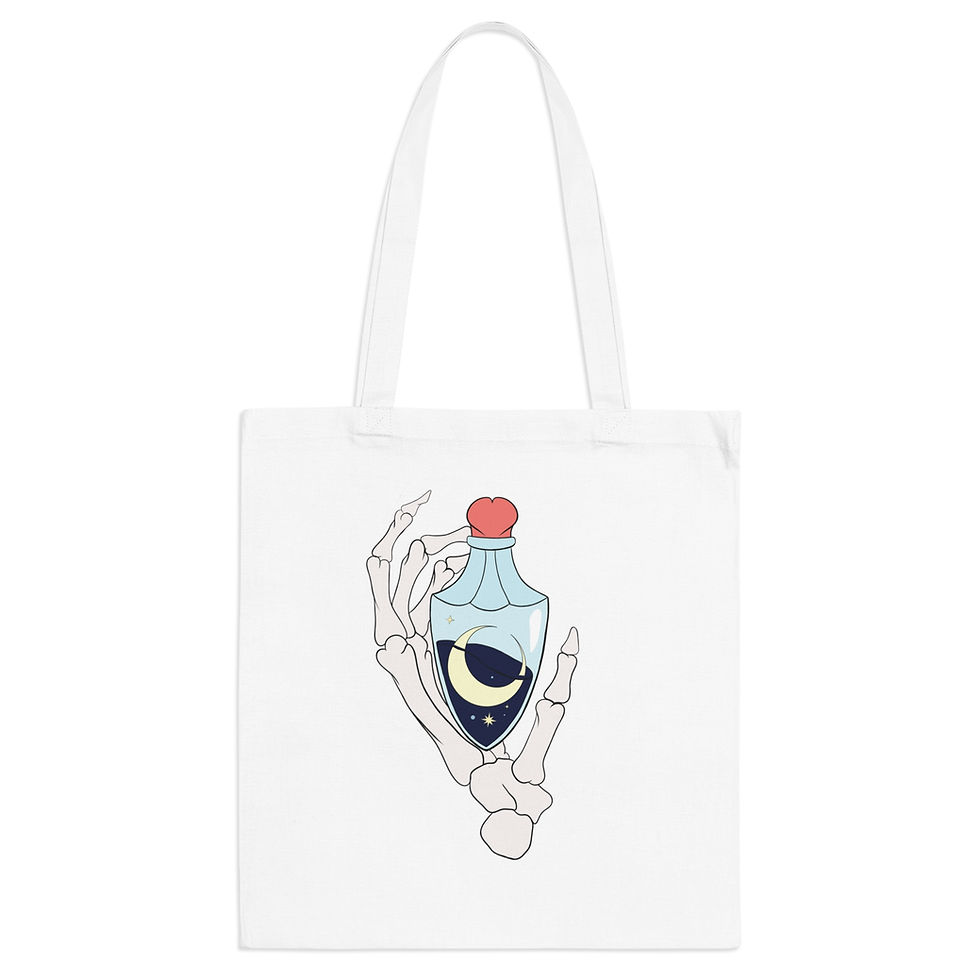 "Snowwhite" tote bag featuring intricate design of a skeletal hand holding a potion bottle.