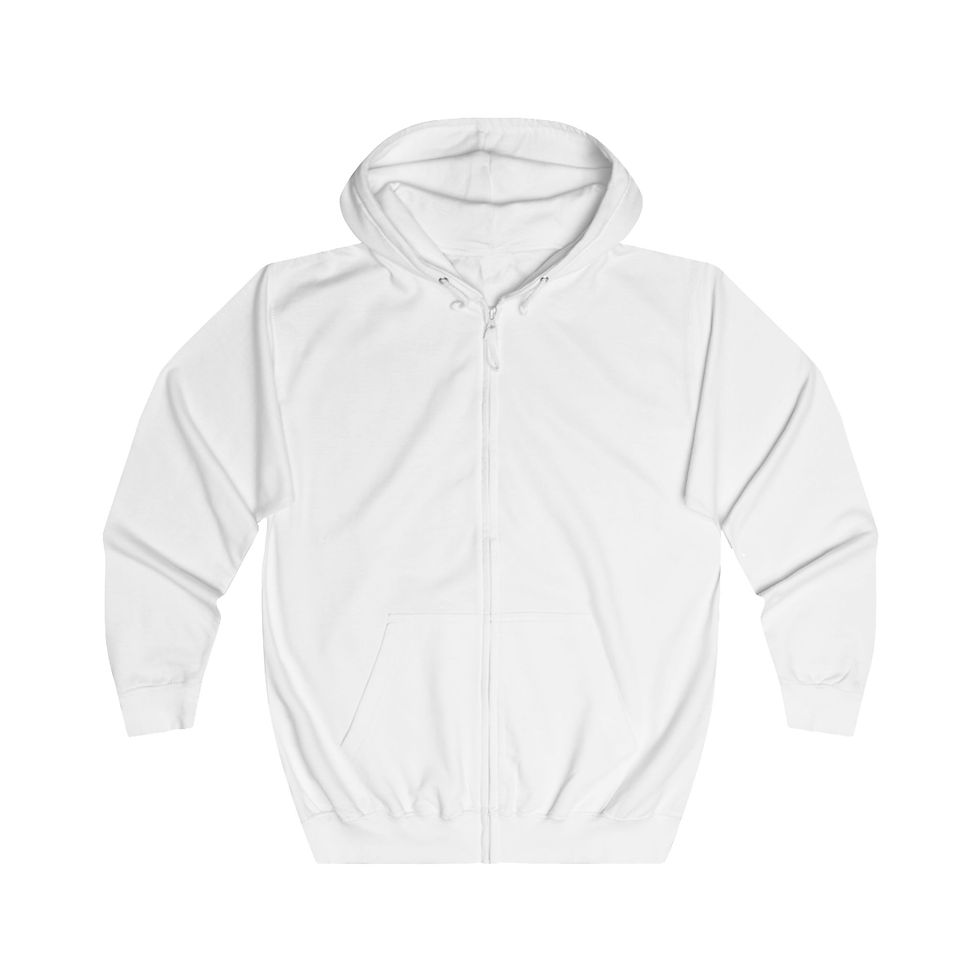 “Arctic White” zipped hoodie front view, with no design, simple and classic for a clean look.