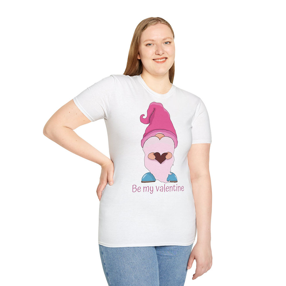 “White” Gnome-entine T-shirt with a vibrant gnome design, perfect for adding a touch of magic to your day.